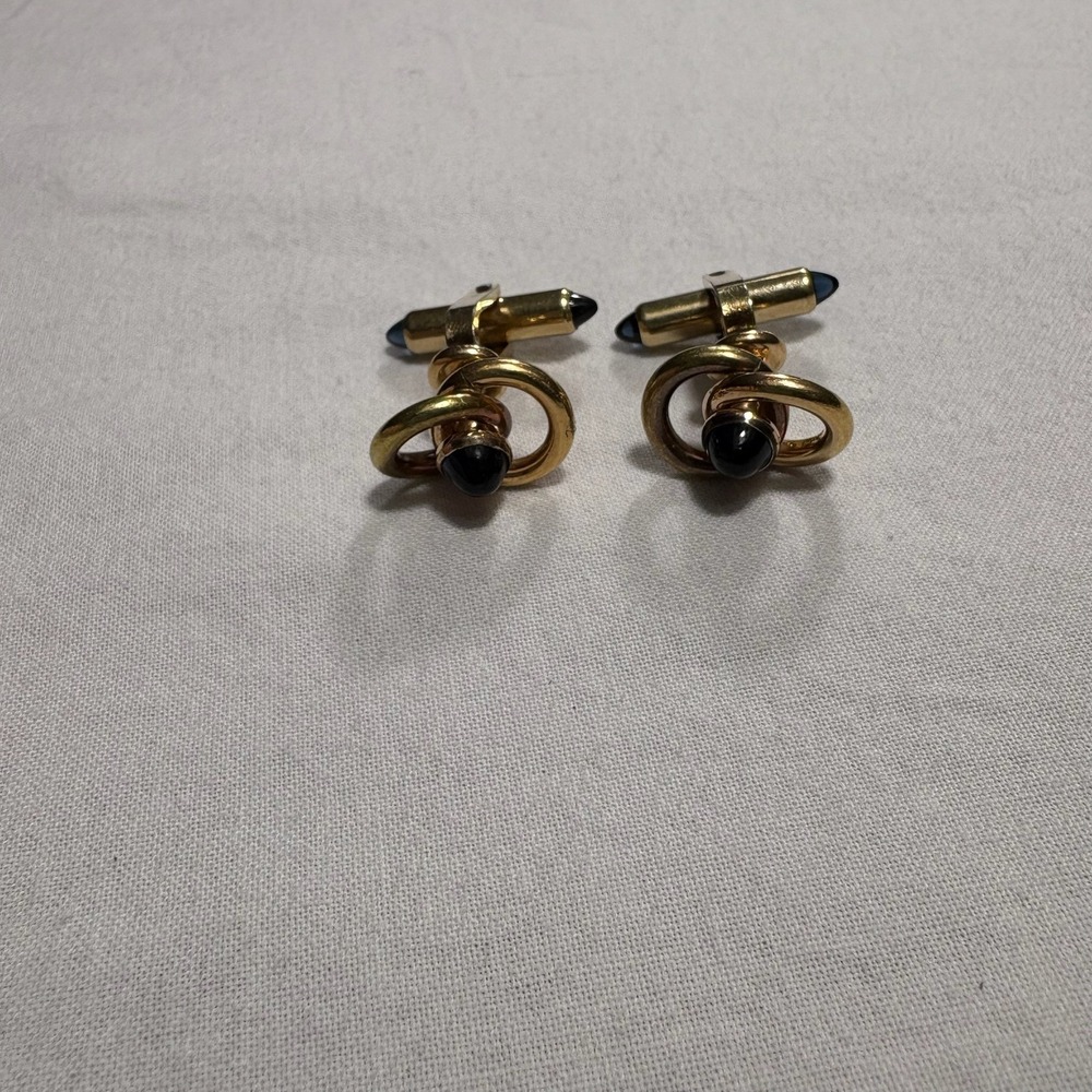 Menzies Gold Tone Black Stone Swirl Design Cufflinks
